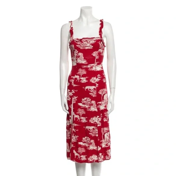 Reformation Red Toile Midi Dress with Safari Cream Print Sz 4 - Picture 3 of 13